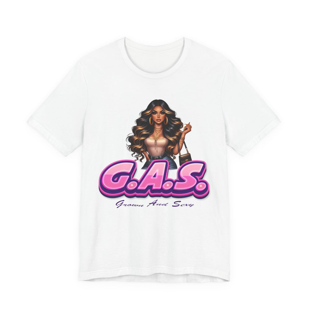 White t-shirt with a graphic of a woman and 'G.A.S.' 2 text on a white background