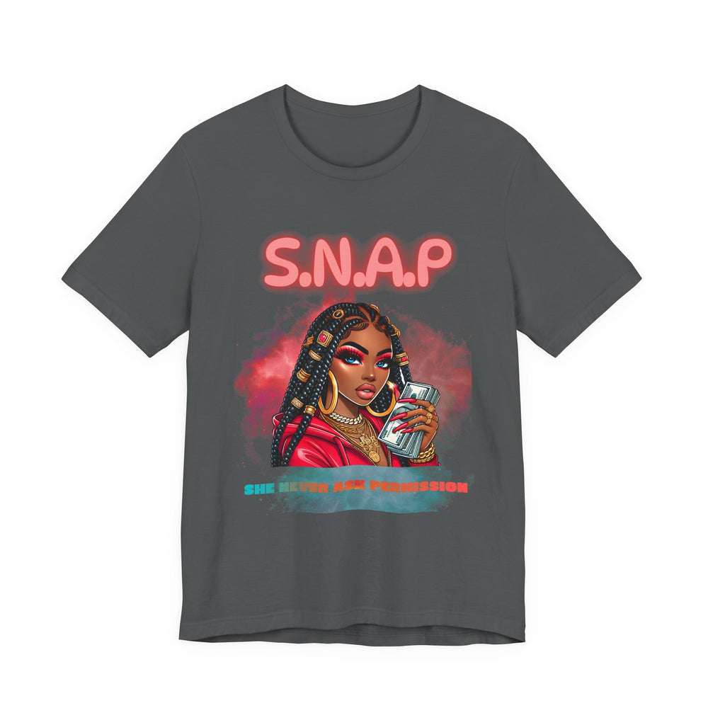 Asphalt t-shirt with a graphic of a woman and 'S.N.A.P' text on a white background