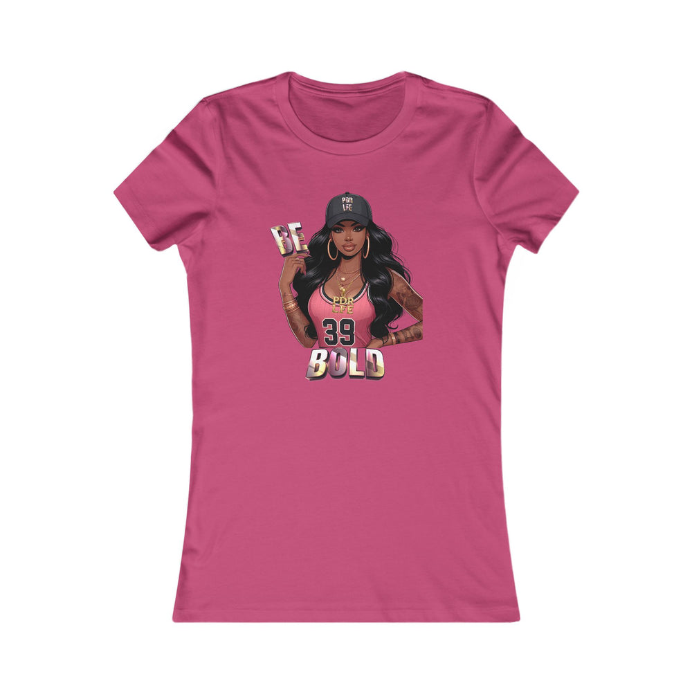 Berry t-shirt with a graphic of a woman and text on a white background