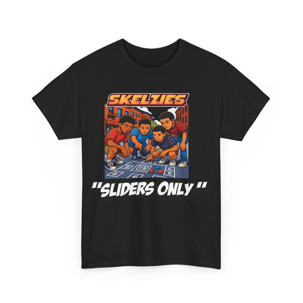 Black t-shirt with 'Skelzies' graphic and text on a white background