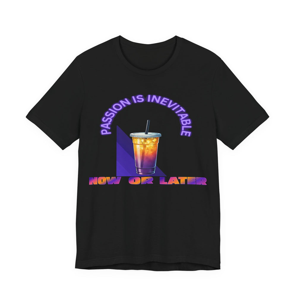 Black t-shirt with a colorful graphic and text on a white background