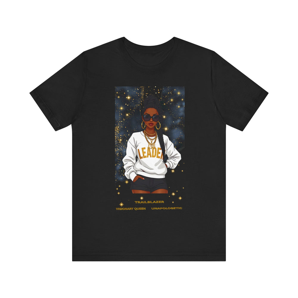 Black t-shirt with a graphic of a woman wearing sunglasses and a 'Leader' sweatshirt on a white background.