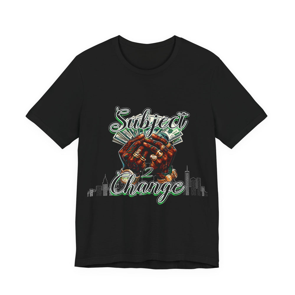 Black t-shirt with colorful graphic and text on a white background