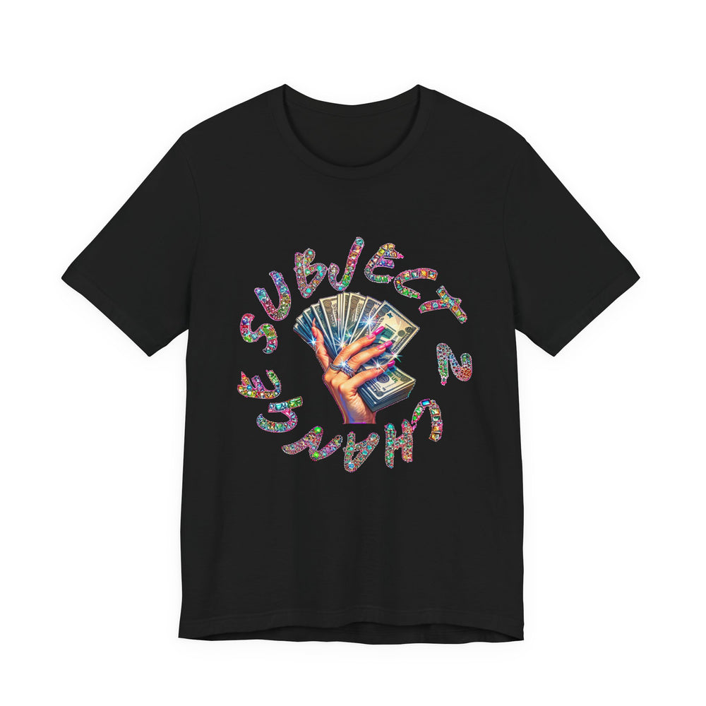 Black t-shirt with colorful graphic design on a white background