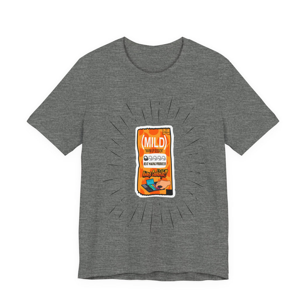 Gray t-shirt with a graphic of a snack packet on a white background