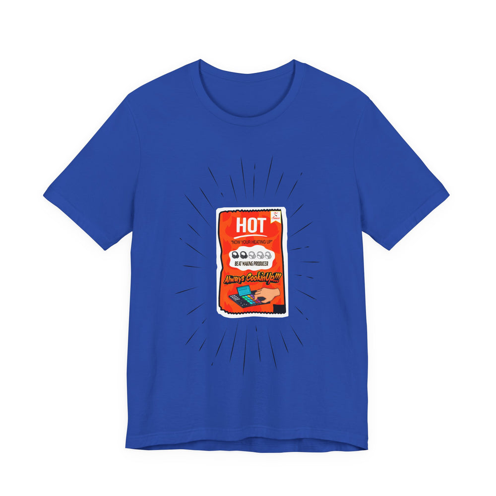 ROYAL Blue t-shirt with a hot sauce packet graphic on a white background