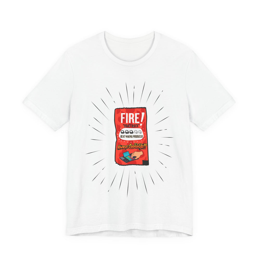 White t-shirt with a graphic of a red snack packet labeled 'FIRE!' on a white background