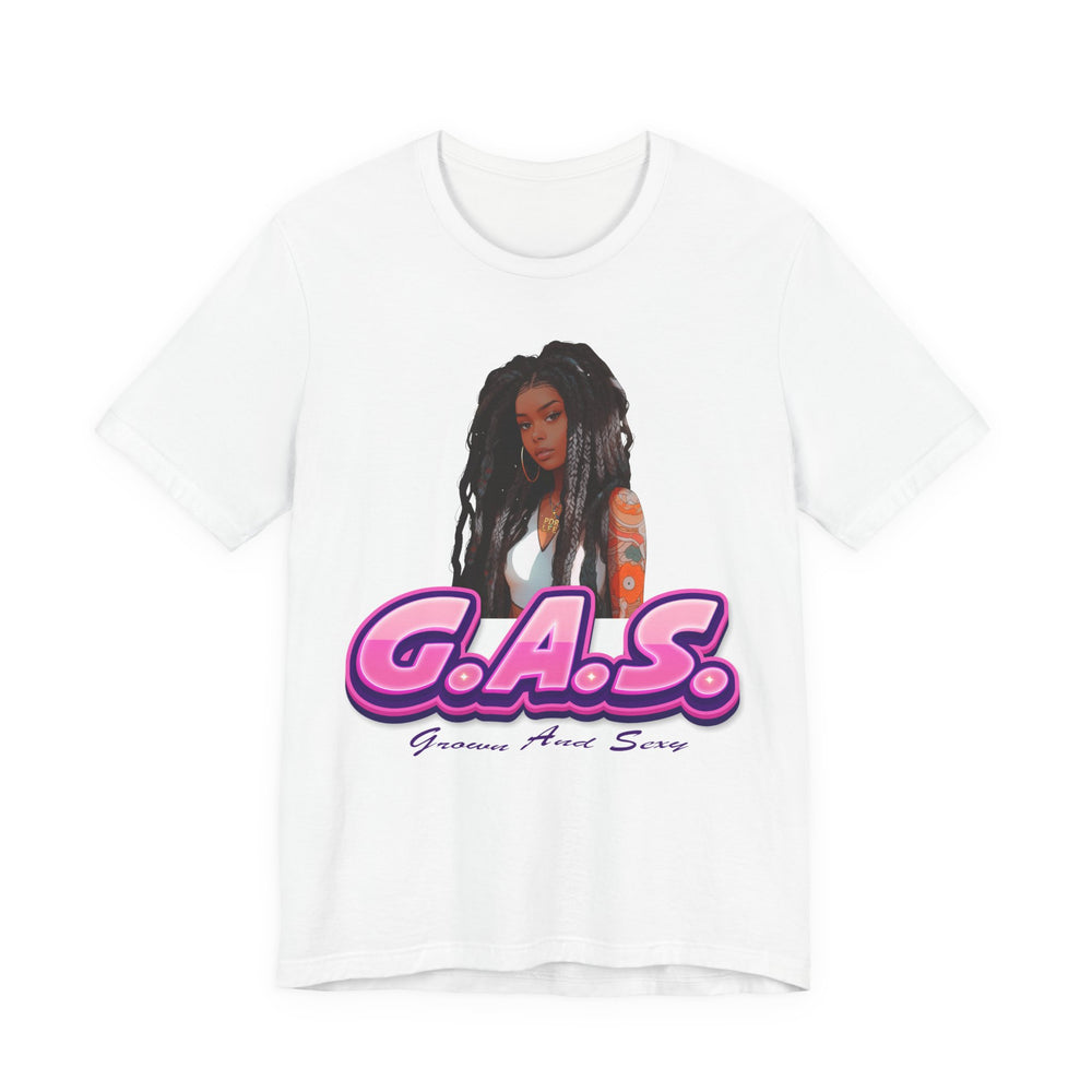 White t-shirt with a graphic of a woman and 'G.A.S.' 4 text on a white background