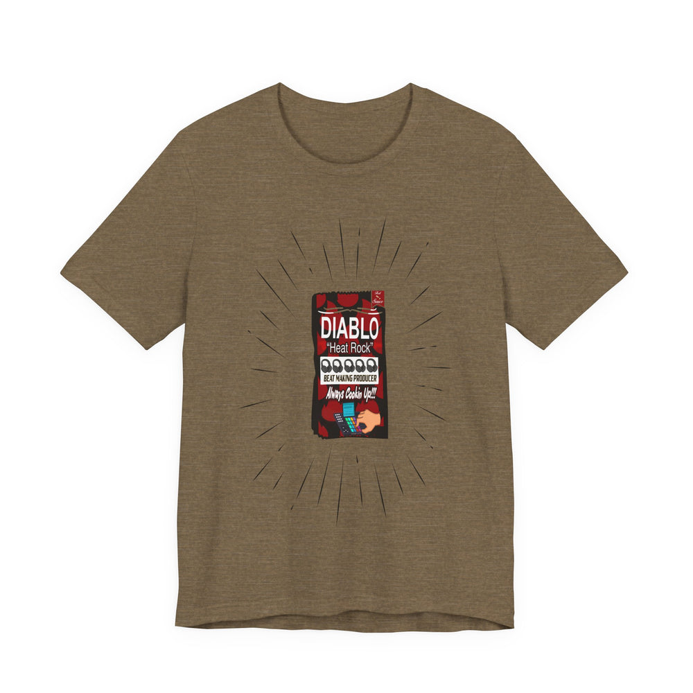 Heather Olive t-shirt with a graphic of a Diablo box on a white background
