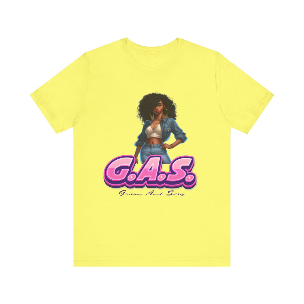 Yellow t-shirt with a graphic of a woman and 'G.A.S.' text on a white background