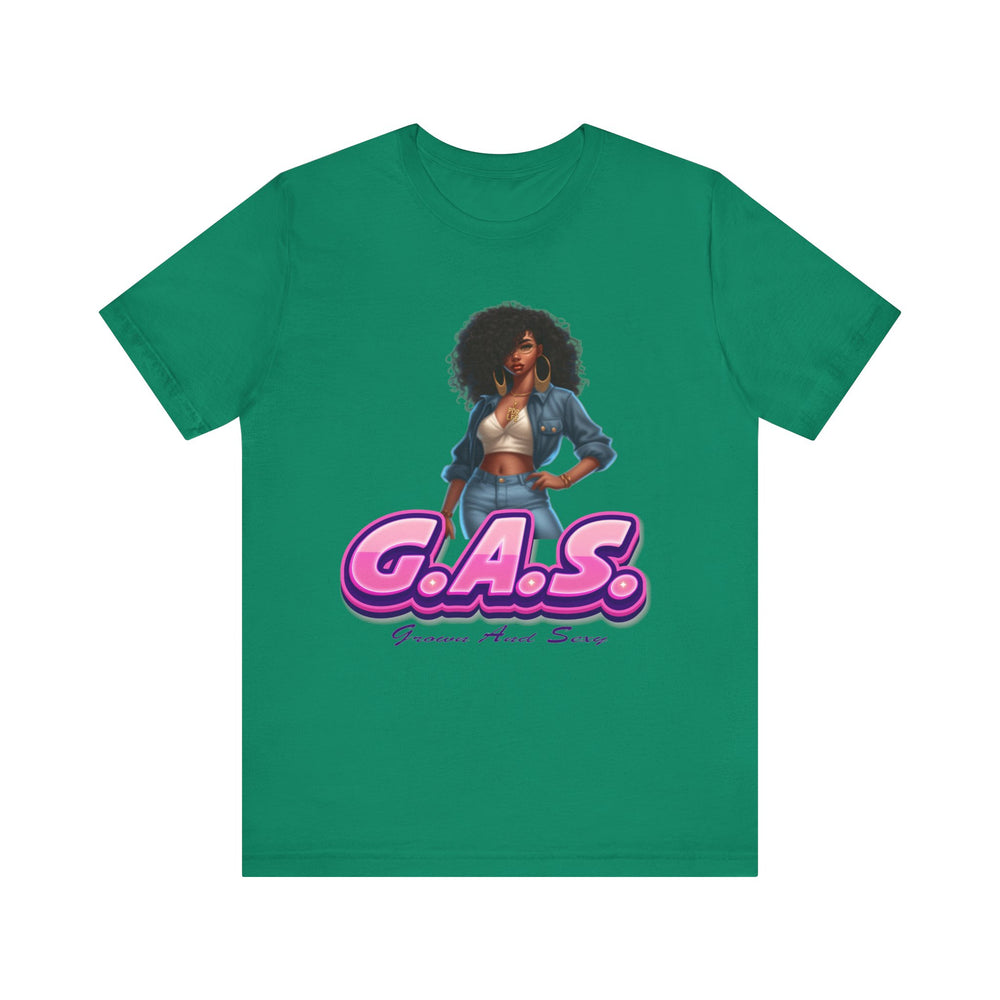 Kelly t-shirt with a graphic of a woman and 'G.A.S.' text on a white background