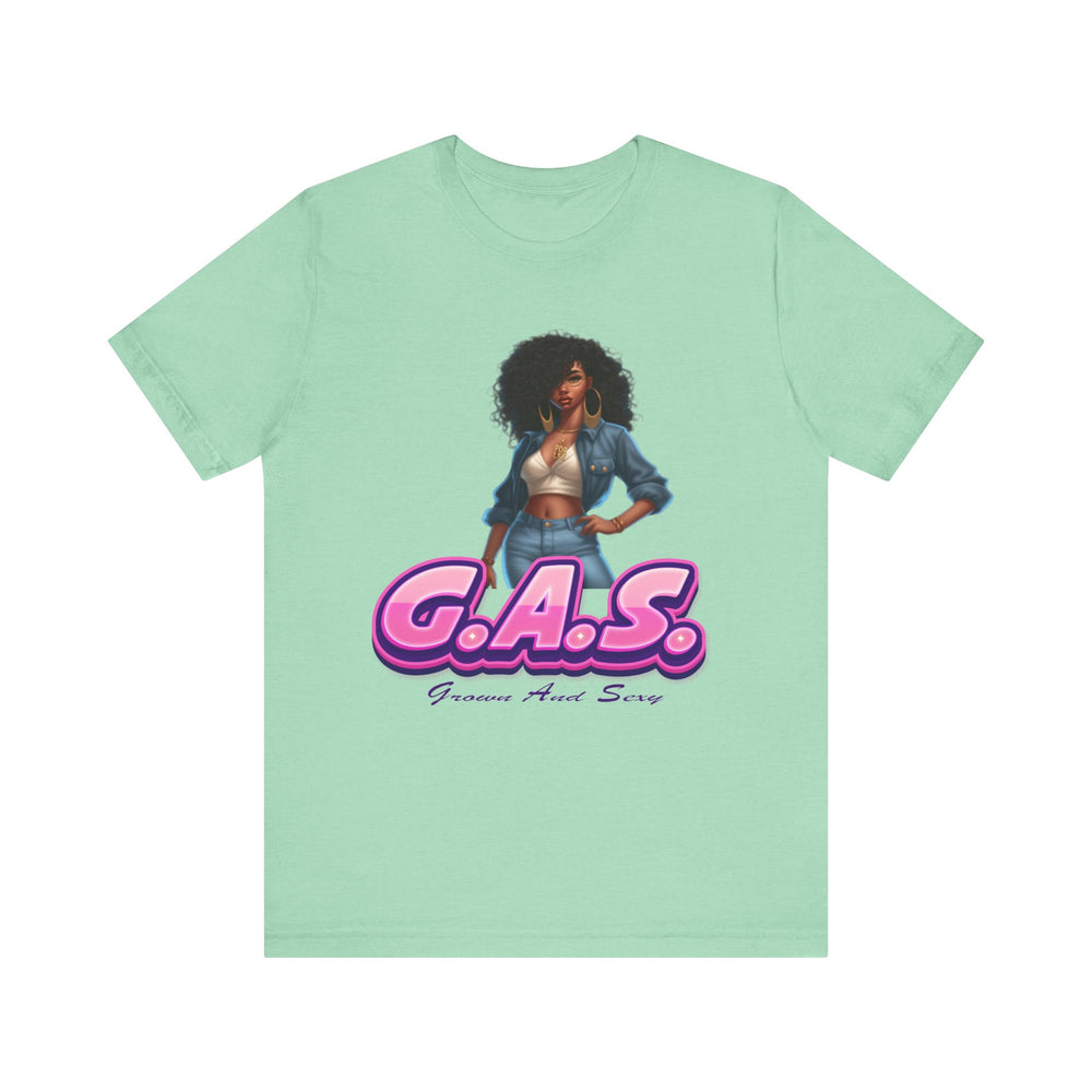 MInt green t-shirt with a graphic of a woman and 'G.A.S.' text on a white background