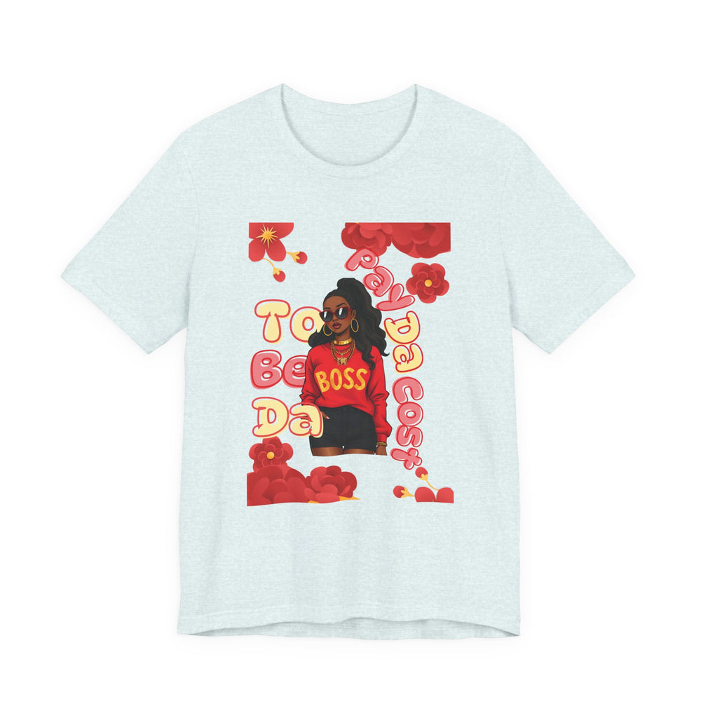 Light blue t-shirt with colorful graphic design featuring a person and text on a white background