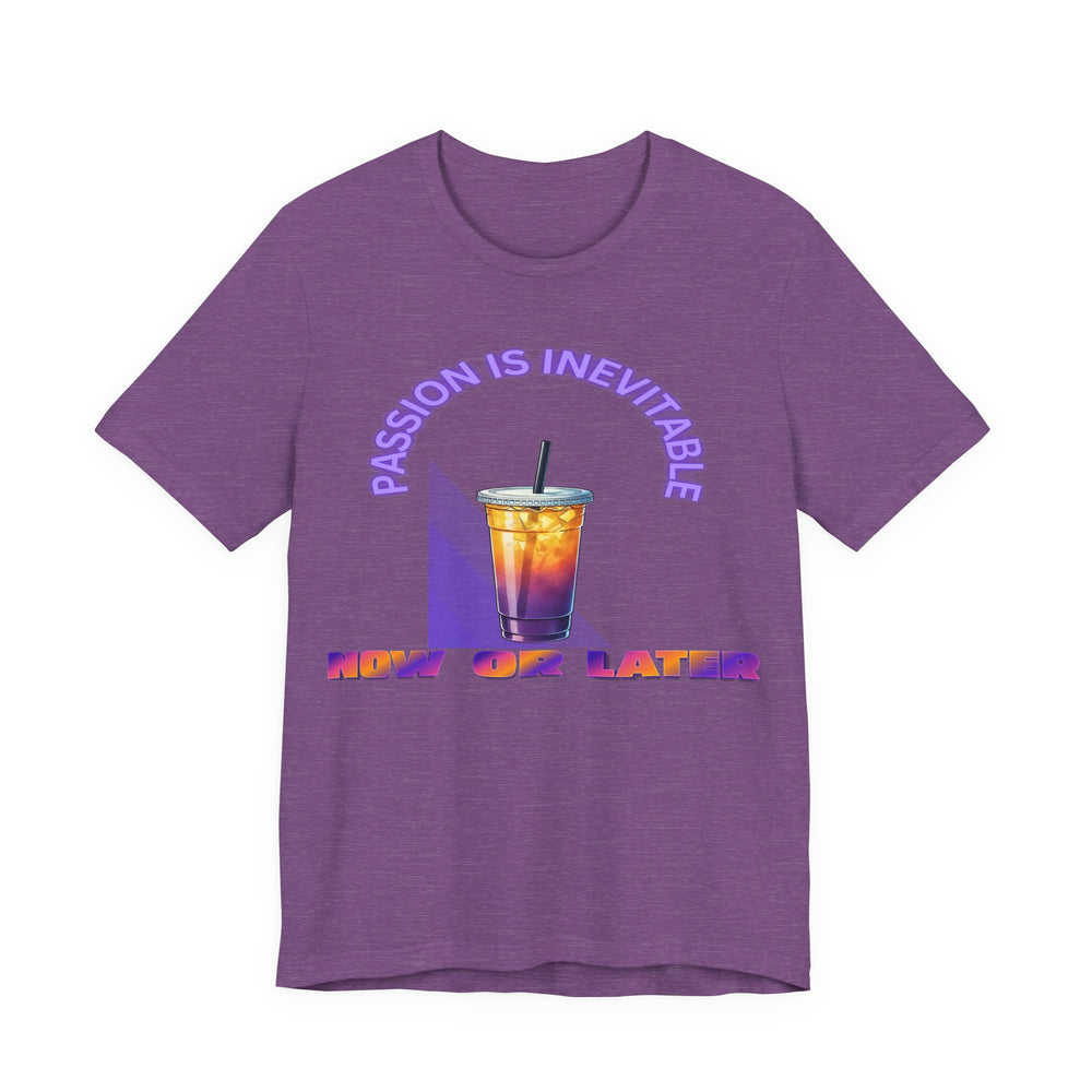 Heather Purple t-shirt with a colorful drink graphic and text on a white background