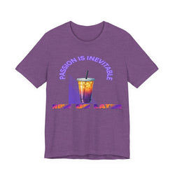 Heather Purple t-shirt with a colorful drink graphic and text on a white background
