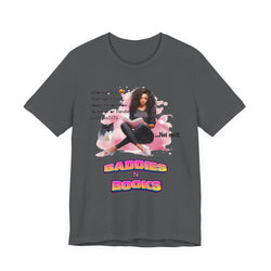 ASPHALT t-shirt with a graphic of a woman, cat, and text 'BADDIES N BOOKS' on a white background