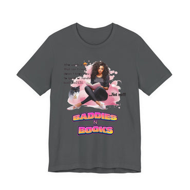 ASPHALT t-shirt with a graphic of a woman, cat, and text 'BADDIES N BOOKS' on a white background