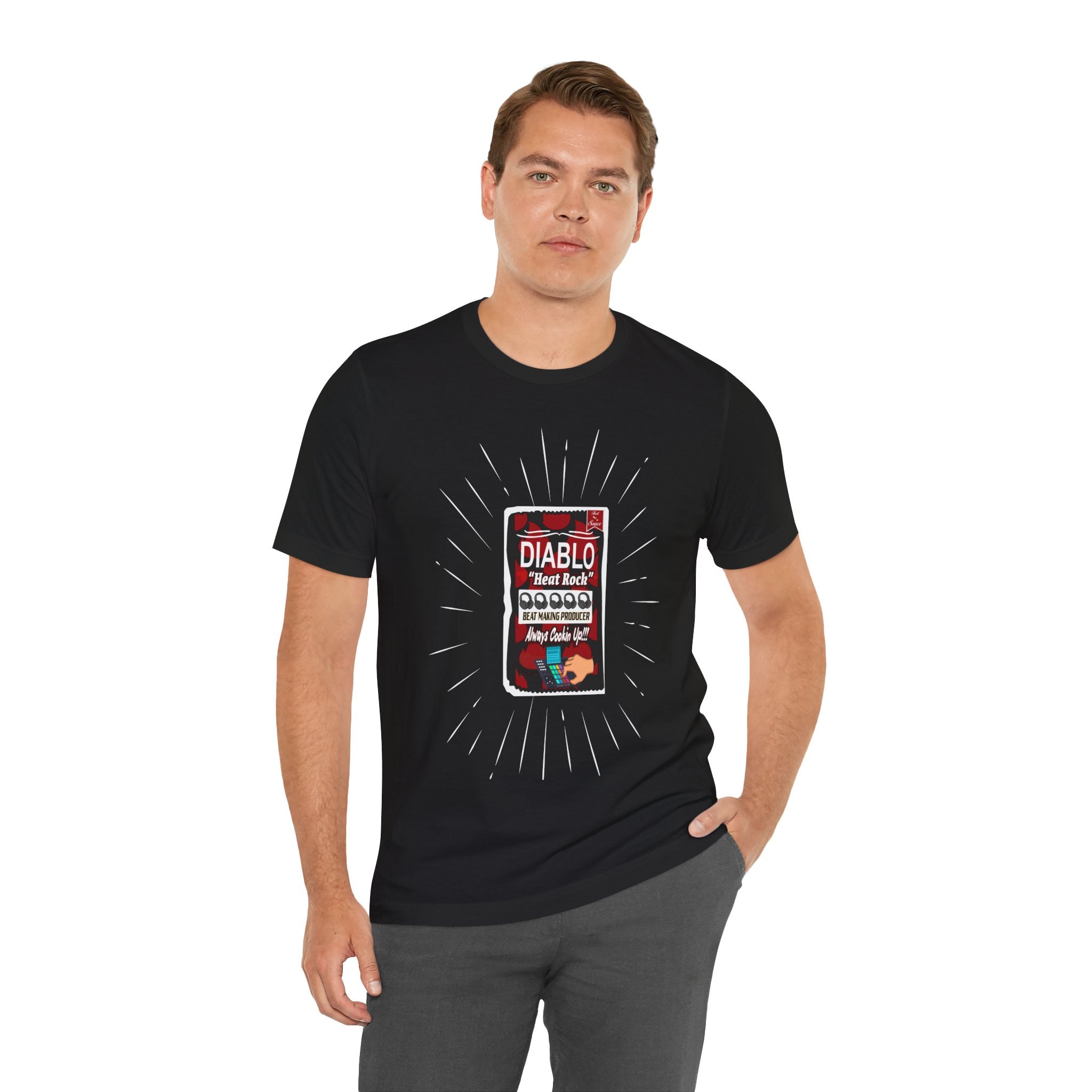 Adult Man wearing a black t-shirt with a graphic design on a white background