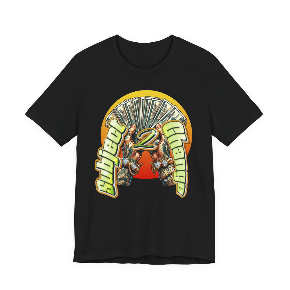 All Black t-shirt with a colorful graphic design on a white background