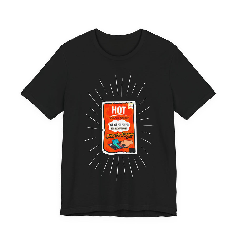 All Black t-shirt with a graphic of a hot sauce packet on a white background