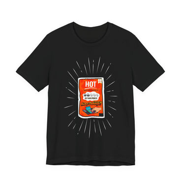 All Black t-shirt with a graphic of a hot sauce packet on a white background