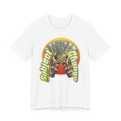 All White t-shirt with a colorful graphic design on a white background