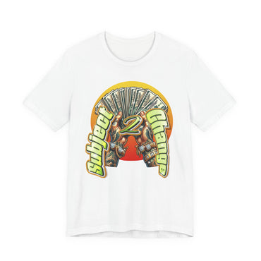 All White t-shirt with a colorful graphic design on a white background