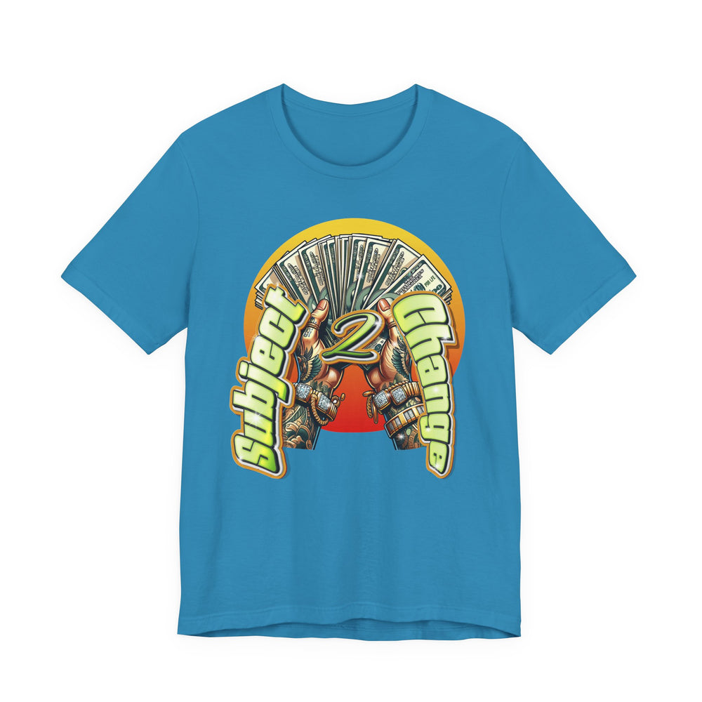 Aqua Blue t-shirt with a colorful graphic design on a white background