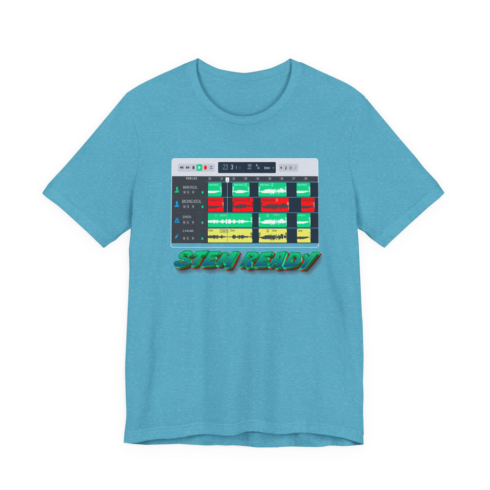 Aqua Blue t-shirt with a graphic design and 'STEW READY' text on a white background