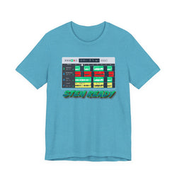 Aqua Blue t-shirt with a graphic design and 'STEW READY' text on a white background