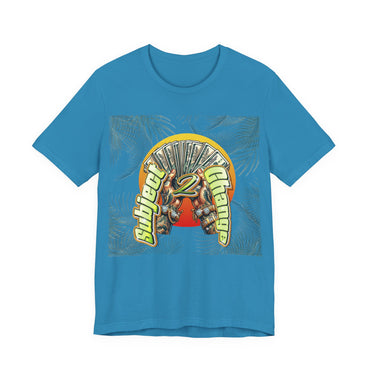 Aqua Blue t-shirt with a graphic design on a white background