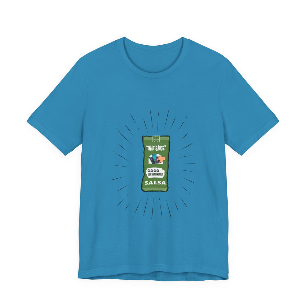 Aqua Blue t-shirt with a graphic of a salsa packet on a white background