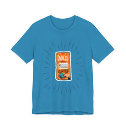 Aqua Blue t-shirt with a graphic of a snack packet on a white background