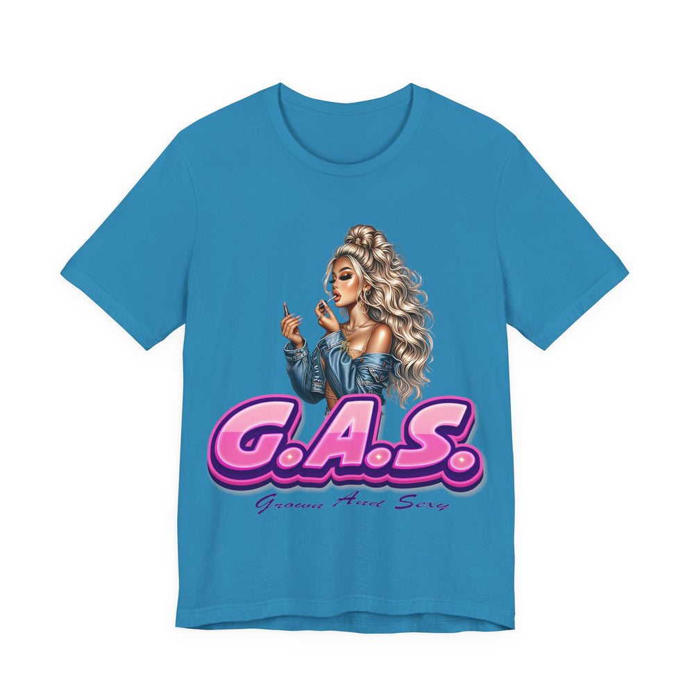 Aqua Blue t-shirt with a graphic of a woman and 'G.A.S.' 3 text on a white background