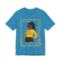 Aqua Blue t-shirt with a graphic of a woman in a yellow shirt labeled 'SELF MADE' on a white background