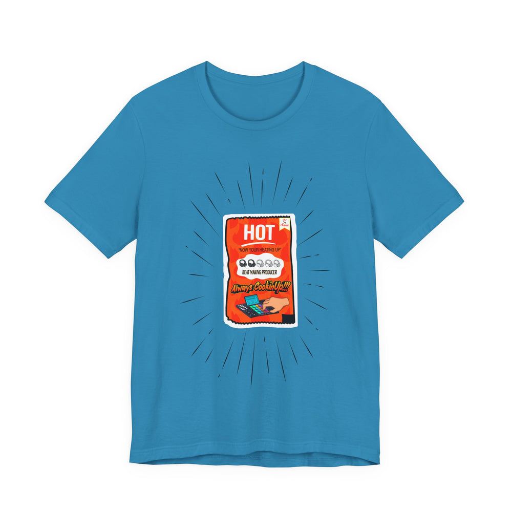 Aqua Blue t-shirt with a hot sauce packet graphic on a white background