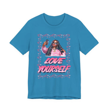 Aqua Blue t-shirt with graphic design of a person and 'Love Yourself' text on a white background