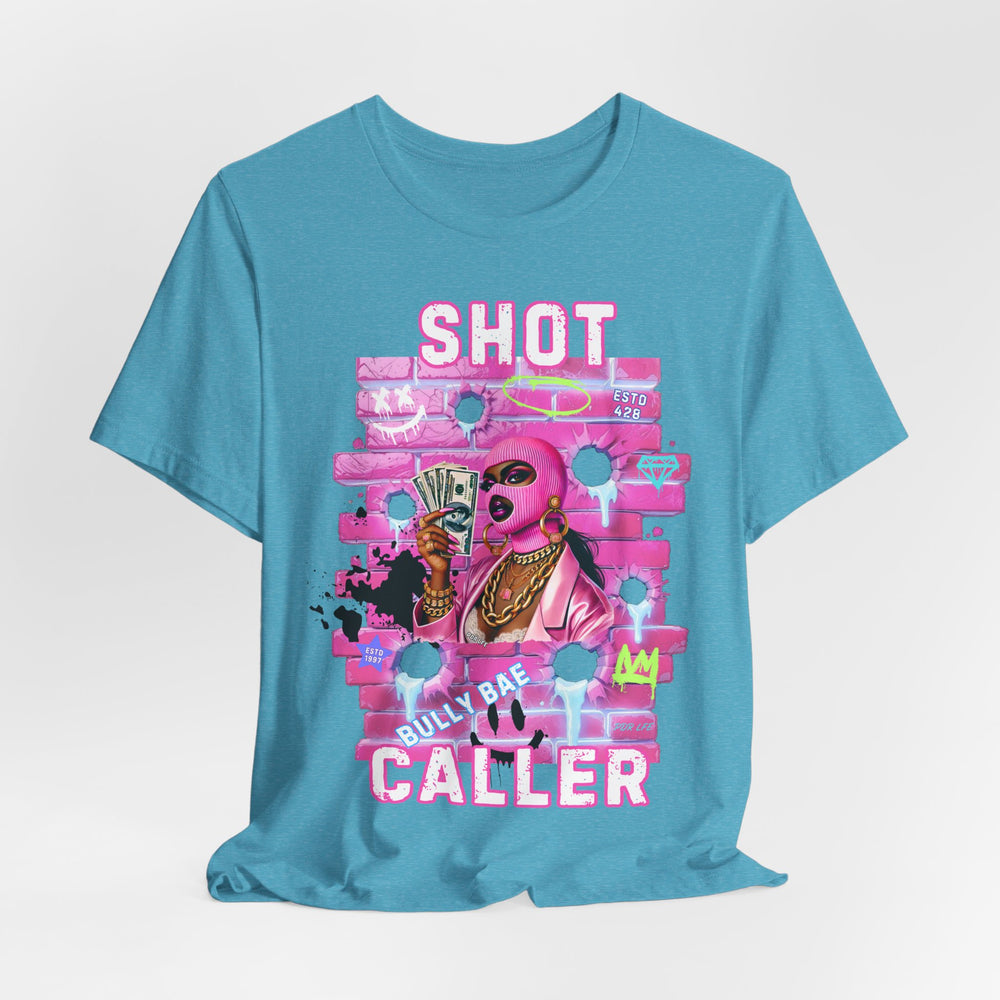 Aqua Heather t-shirt with pink graphic design and text on a white background