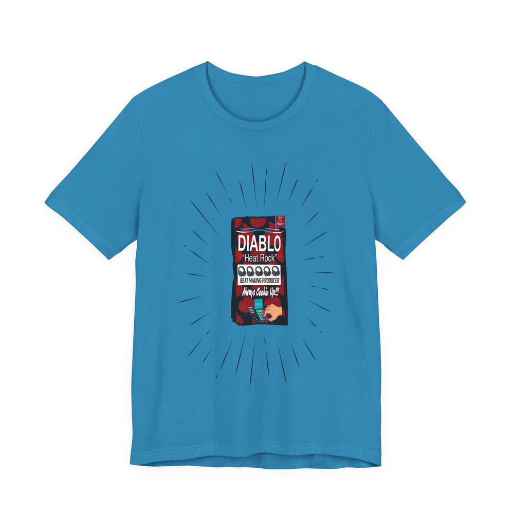 Aqua t-shirt with a graphic of a Diablo hot sauce packet on a white background
