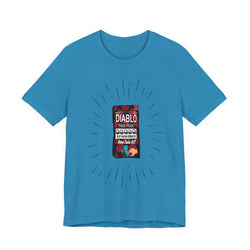 Aqua t-shirt with a graphic of a Diablo hot sauce packet on a white background