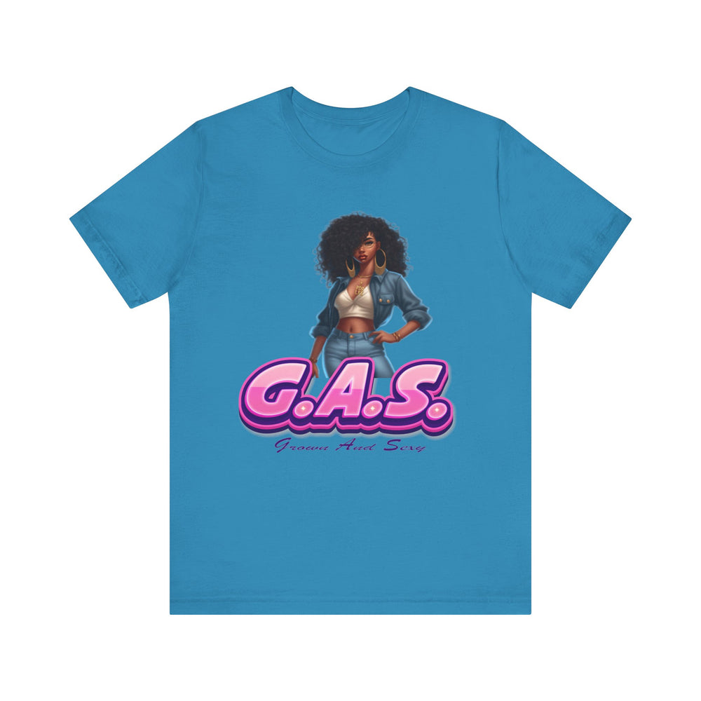 Aqua t-shirt with a graphic of a woman and 'G.A.S.' text on a white background