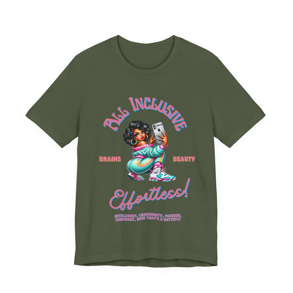 Army Green t-shirt with graphic design featuring a woman and text on a white background