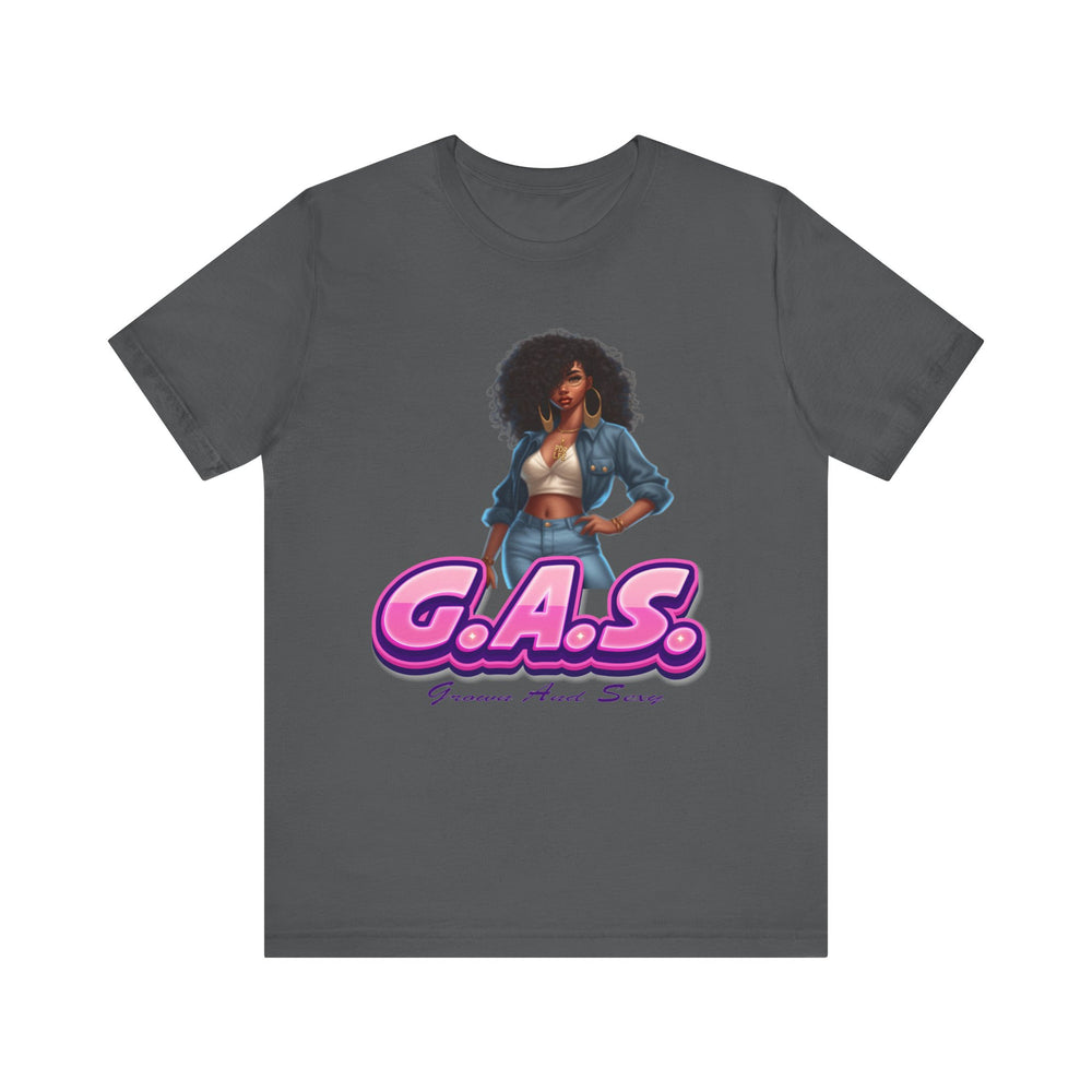 Asphalt  t-shirt with a graphic of a woman and 'G.A.S.' text on a white background