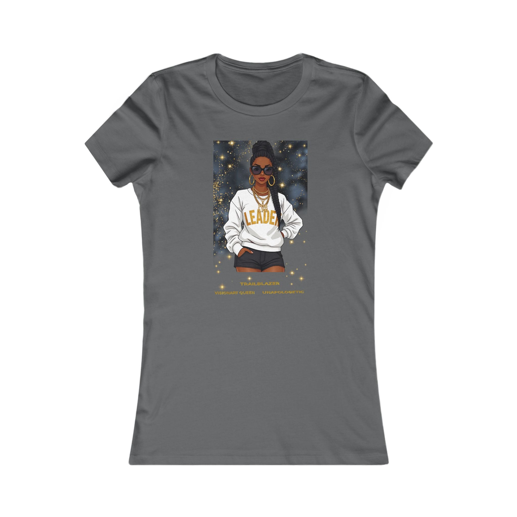 Asphalt t-shirt with a graphic of a woman wearing a 'Leader' sweatshirt on a white background