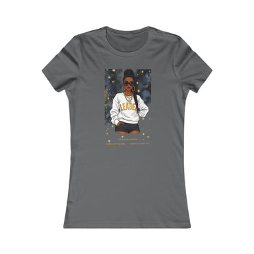 Asphalt t-shirt with a graphic of a woman wearing a 'Leader' sweatshirt on a white background