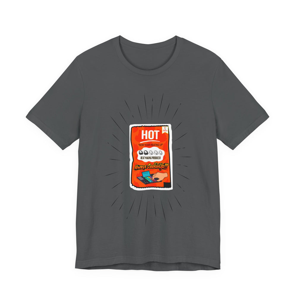 Asphalt t-shirt with a hot sauce packet graphic on a white background
