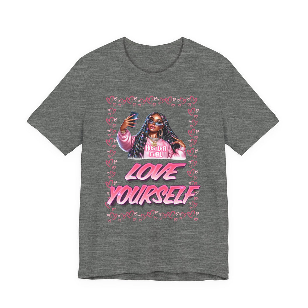 Asphalt t-shirt with graphic design featuring a person and 'Love Yourself' text on a white background