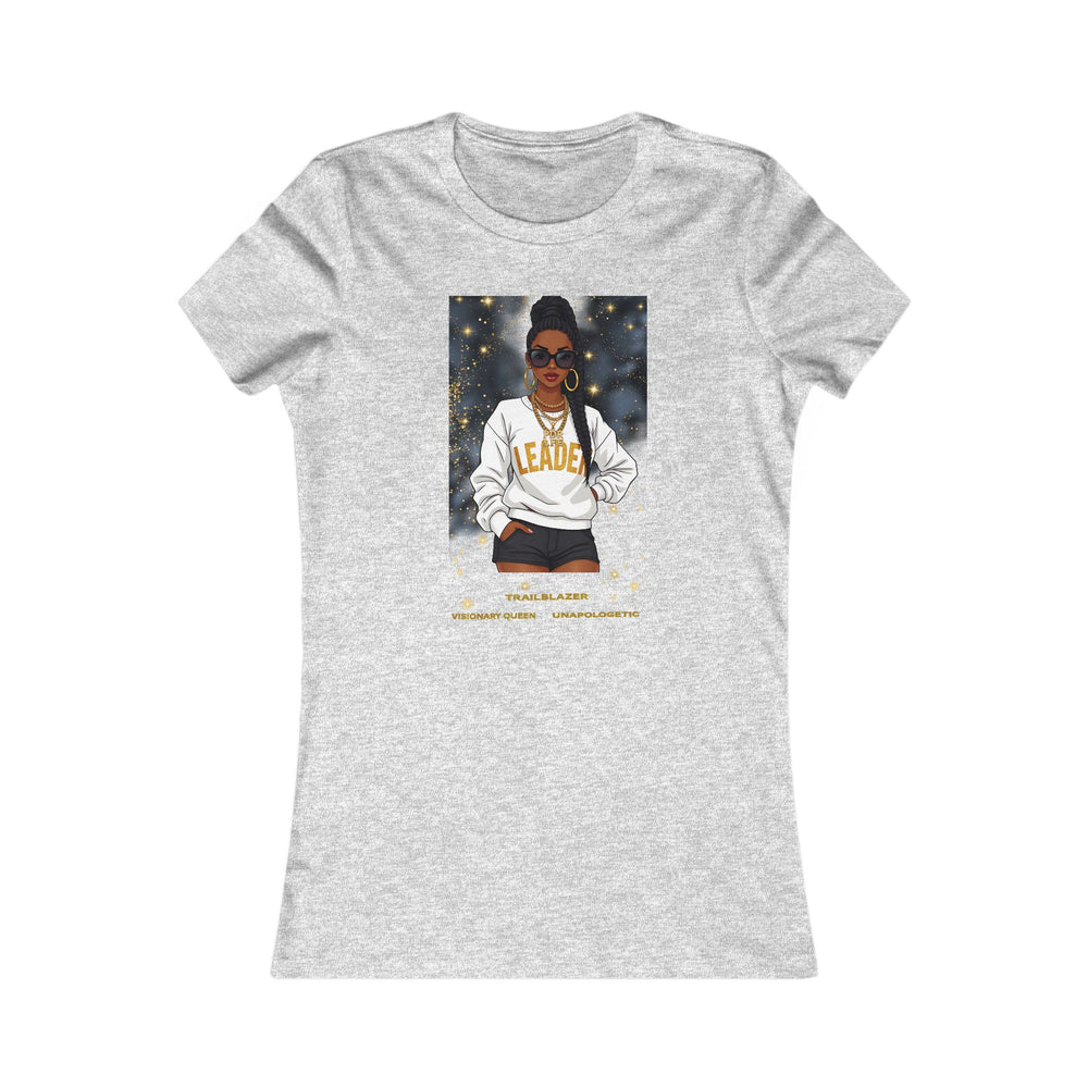 Athletic Gray t-shirt with a graphic of a woman wearing sunglasses and a sweatshirt labeled 'Leader' on a white background.