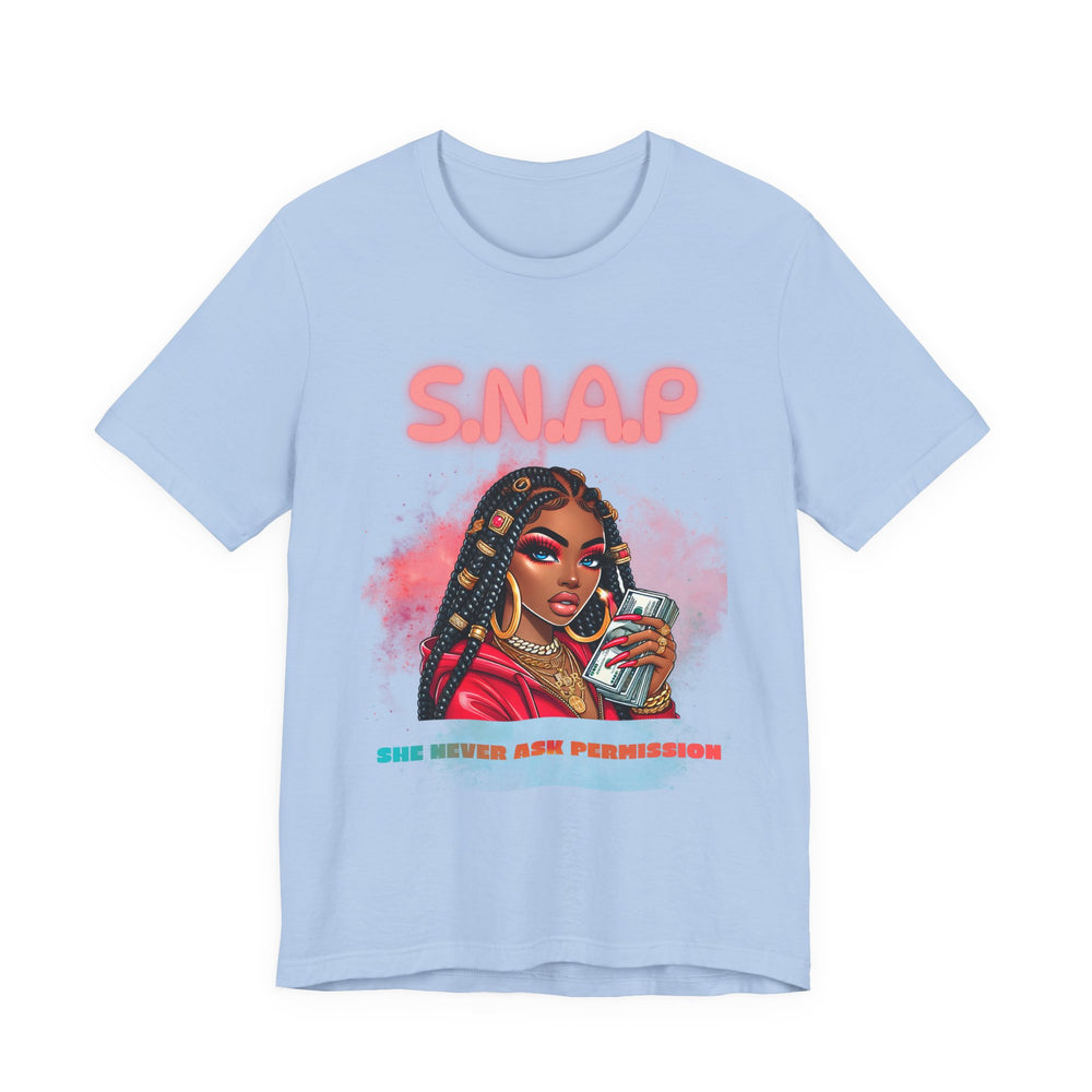 Baby blue t-shirt with a graphic of a woman and text on a white background