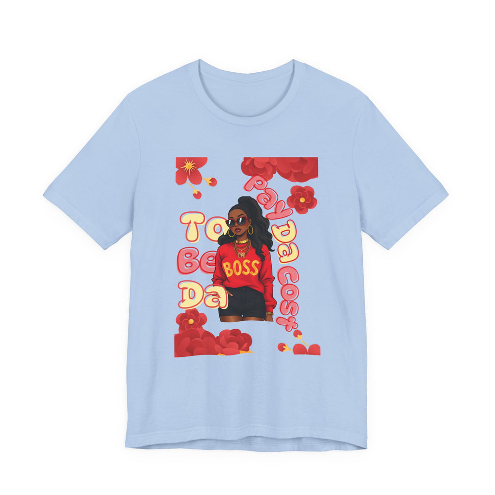Baby blue t-shirt with colorful graphic design featuring a person and text on a white background